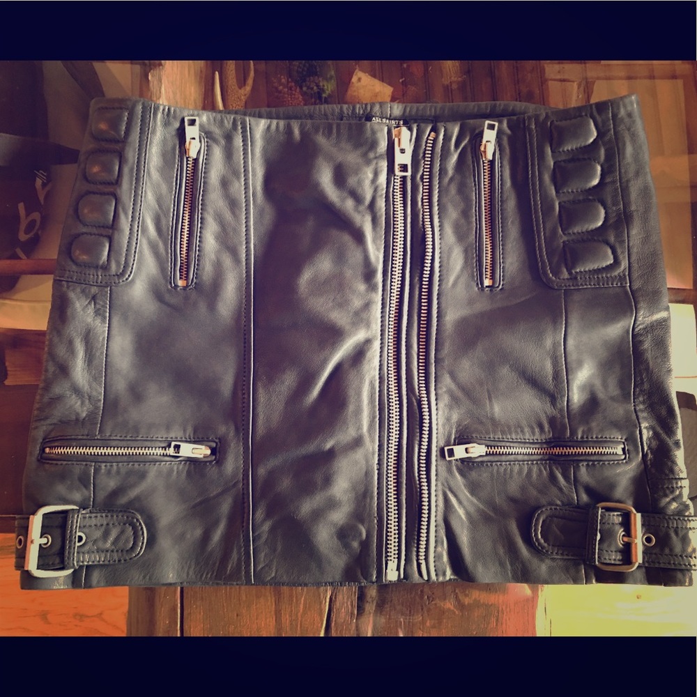 AllSaints Black Leather Skirt with Buckles